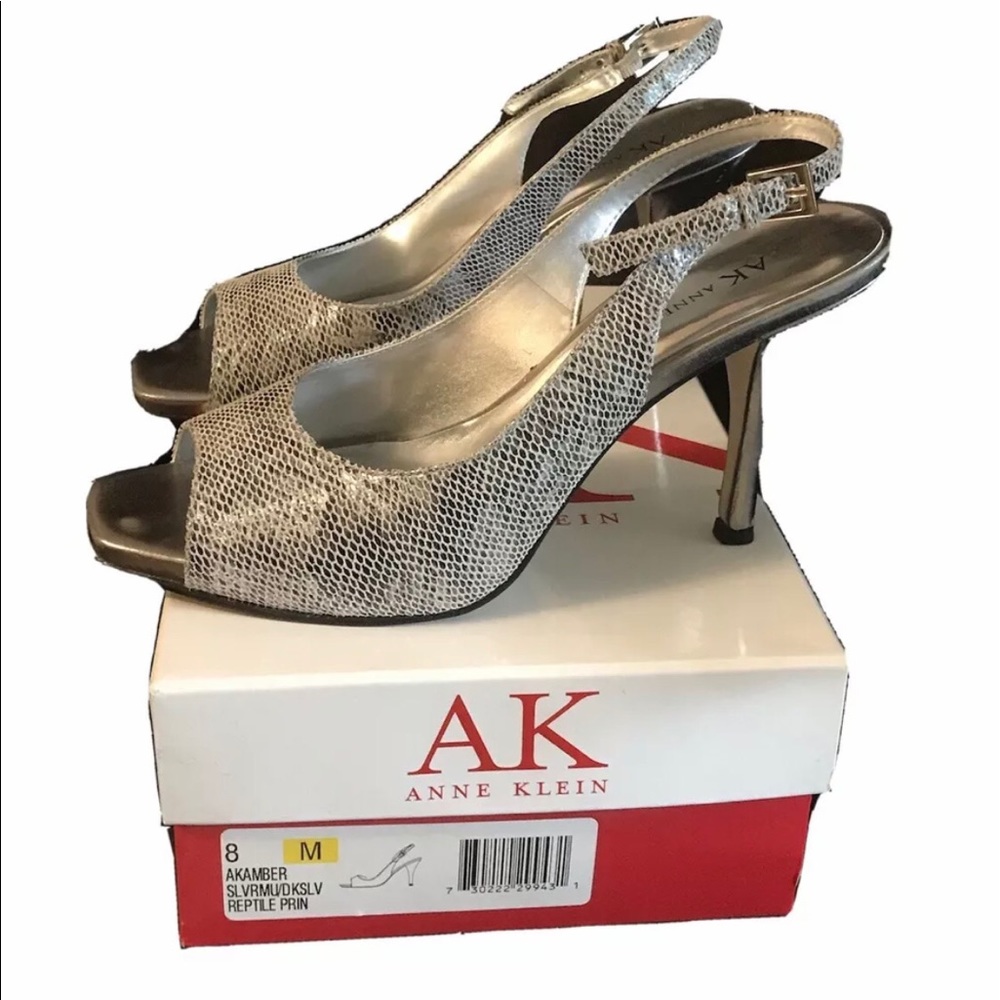 Anne Klein Akamber Silver Reptile Print Sling Back Peep Toe Heels 8